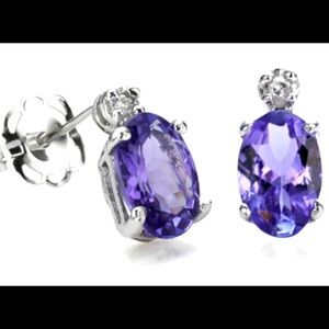 Genuine Tanzanite & Diamond 10K Solid White Gold Earrings